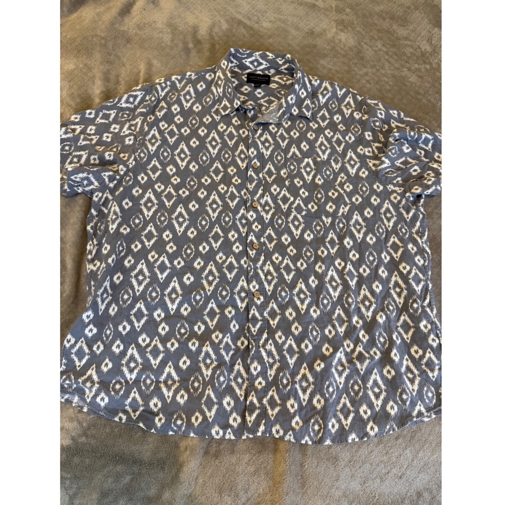 Lucky Brand Mens XL Grey White Ikat Diamond Linen Blend Short Sleeve Button Shir